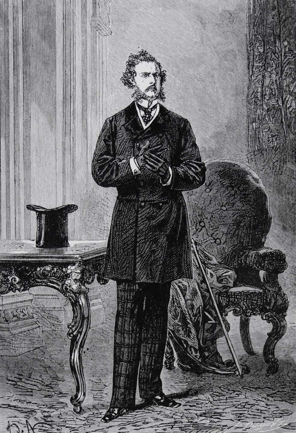 Phileas Fogg de pé, impassível, de casaca e cartola sobre a mesa — frontispício da edição Hetzel.