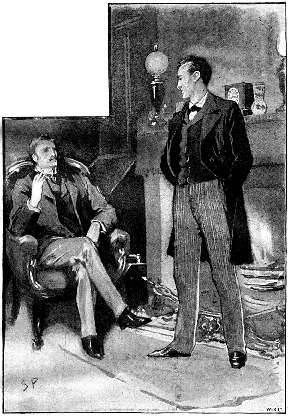 Holmes de pé diante da lareira em Baker Street, 221B, enquanto Watson o observa da poltrona — 'Then he stood before the fire'.