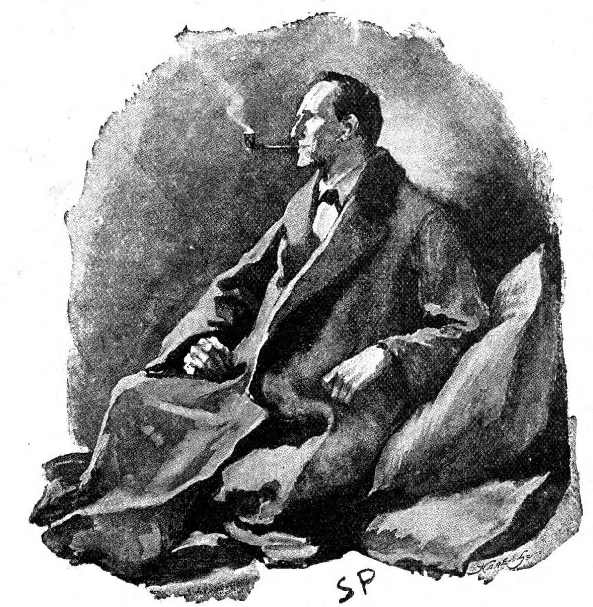 Holmes sentado entre almofadas, de roupão, fumando cachimbo enquanto pensa a noite inteira — a imagem mais reproduzida de Paget.