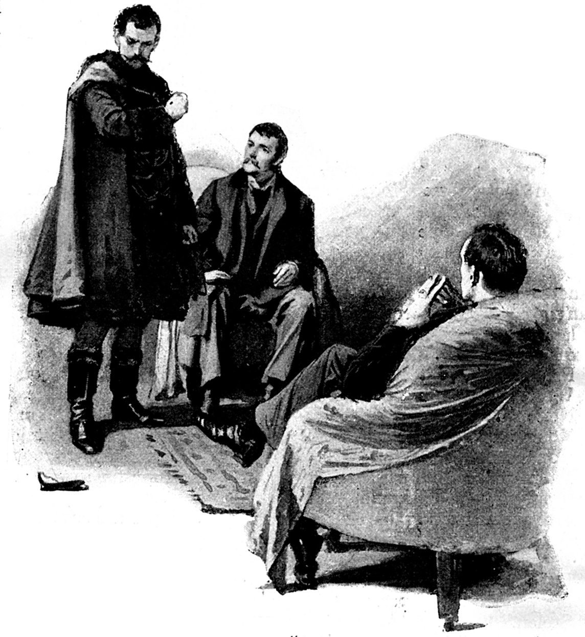 O Rei da Boêmia arranca a máscara diante de Holmes e Watson — 'He tore the mask from his face'.