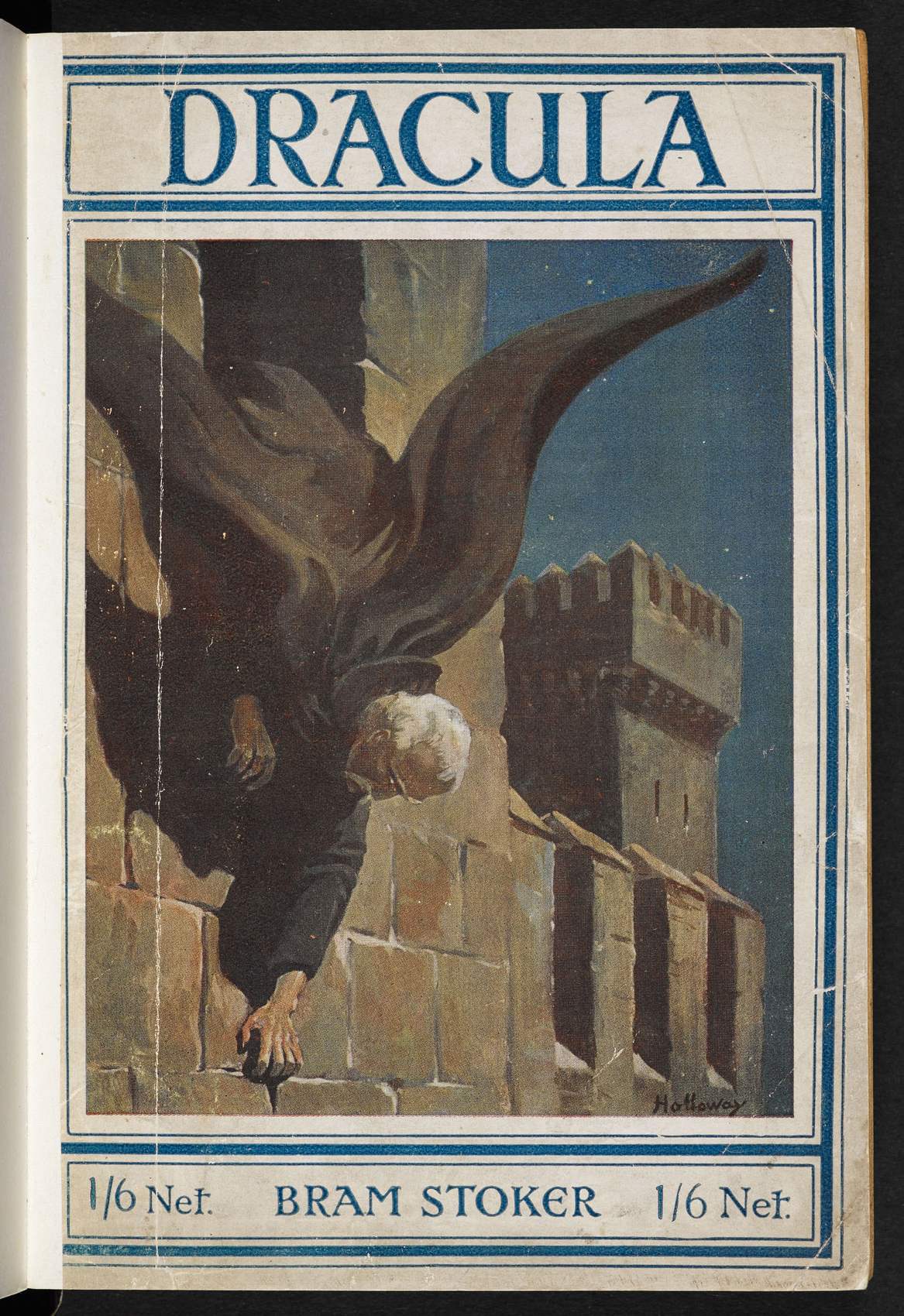 O Conde Drácula desce a muralha do castelo de cabeça para baixo, como um lagarto — capa da edição Rider de 1919.