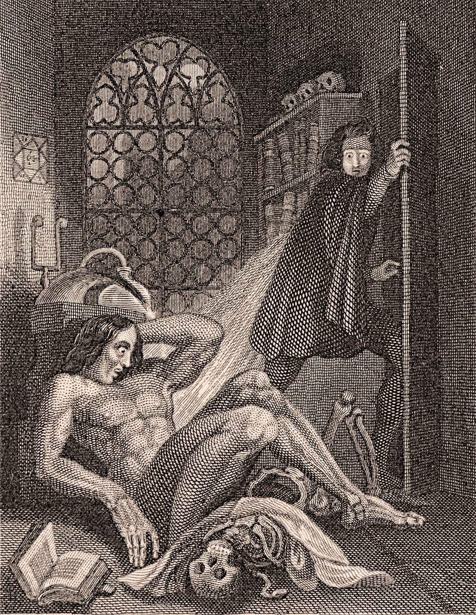 Victor foge horrorizado enquanto a Criatura desperta no laboratório — frontispício de Theodor von Holst, a primeira imagem do monstro.