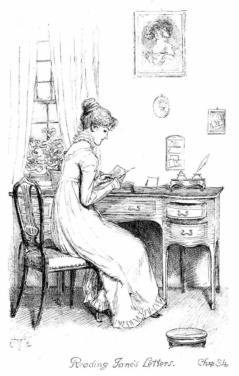 Elizabeth Bennet à escrivaninha lendo as cartas de Jane — frontispício da edição de 1894.