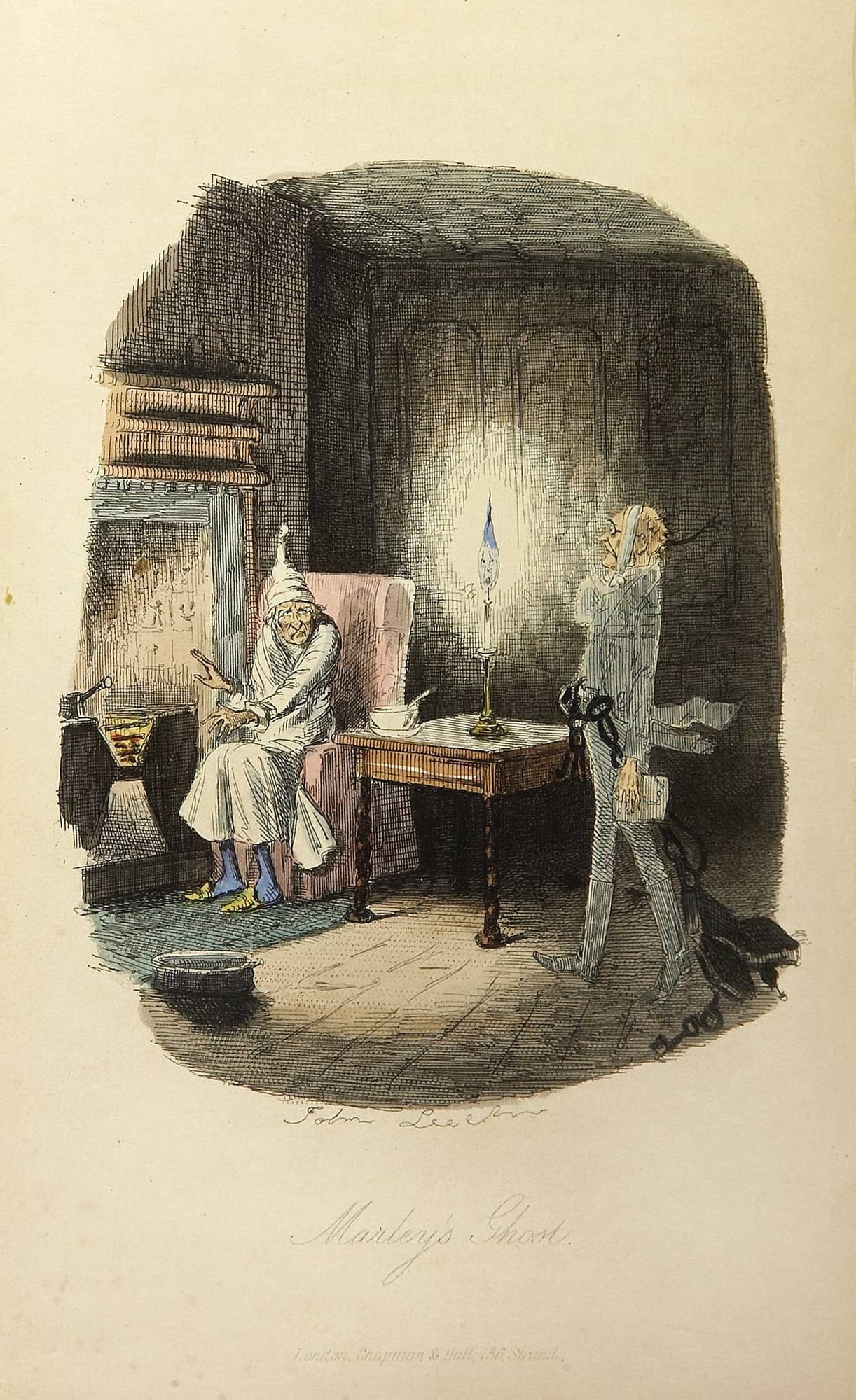 Scrooge, de touca e roupão, recebe a visita do fantasma de Marley arrastando correntes.