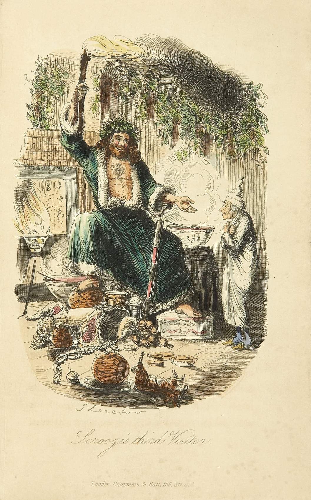 O Espírito do Natal Presente, gigante de manto verde, entronizado entre iguarias.